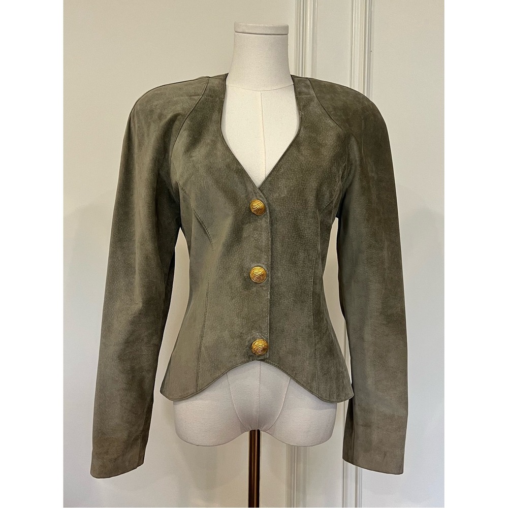 Danier Vintage Sage Suede Sweetheart Neck Peplum Blazer Jacket Gold Buttons XS